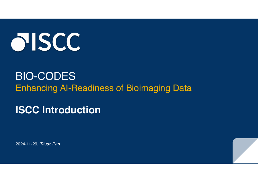 First slide of BIO-CODES: Enhancing AI-Readiness of Bioimaging Data — ISCC Introduction
